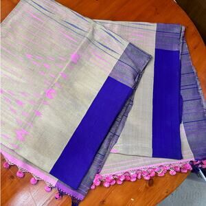 Vintage Heavy Silk Beige Purple and Pink Ikat Throw with Pink Poms - 6 Ft x 3Ft